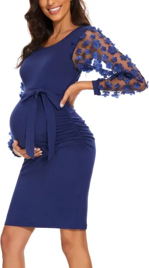 Floral Mesh Bishop Long Sleeve Maternity Midi Dress, Fall Maternity Bodycon Dress for Baby Shower/Photoshoot