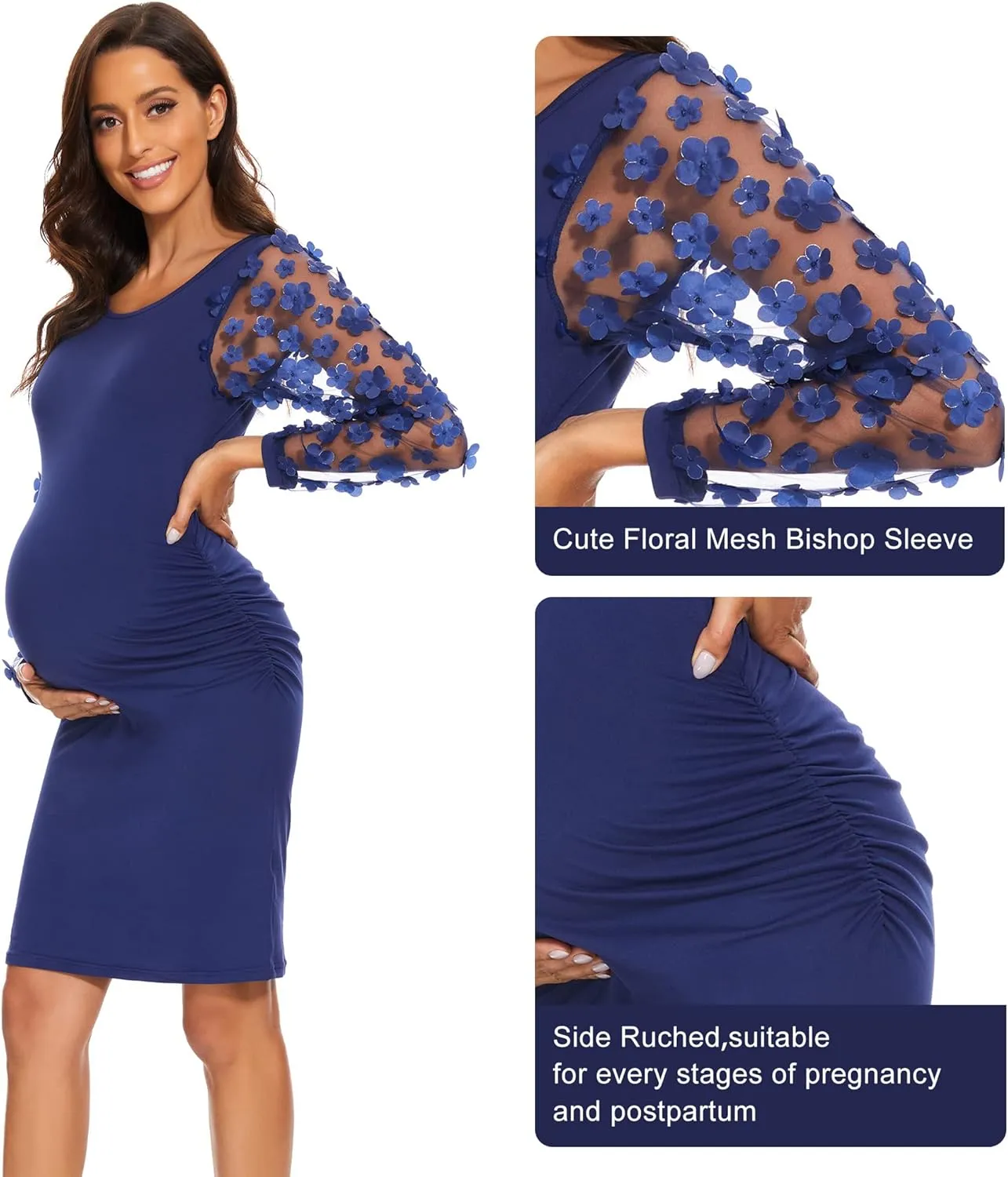 Floral Mesh Bishop Long Sleeve Maternity Midi Dress, Fall Maternity Bodycon Dress for Baby Shower/Photoshoot