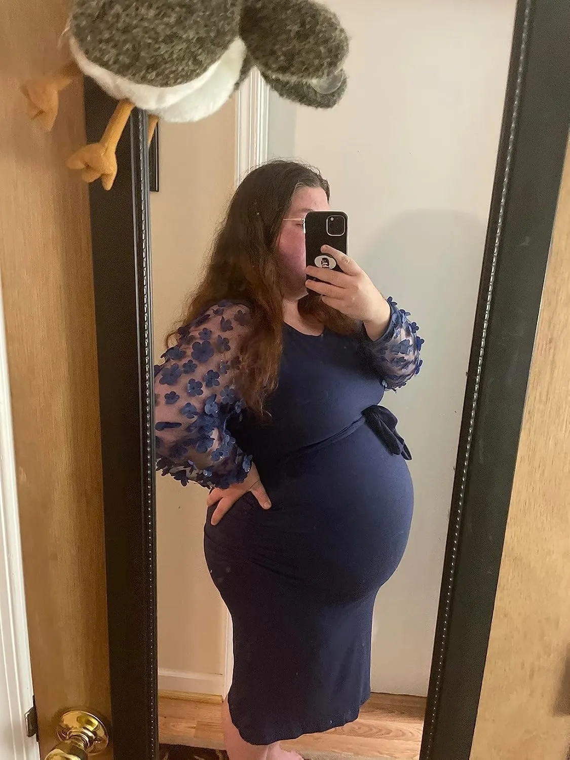 Floral Mesh Bishop Long Sleeve Maternity Midi Dress, Fall Maternity Bodycon Dress for Baby Shower/Photoshoot