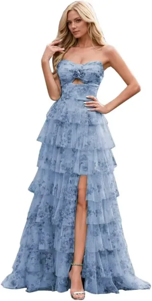 Floral Tiered Chiffon Prom Dress Women Strapless Formal Party Gown Long Ruffles Evening Dresses with Side Slit