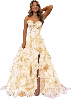 Floral Tiered Prom Dress Formal Long Strapless Evening Dresses A-Line Women Wedding Party Gown