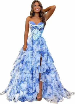 Floral Tiered Prom Dress Formal Long Strapless Evening Dresses A-Line Women Wedding Party Gown