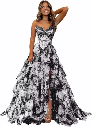Floral Tiered Prom Dress Formal Long Strapless Evening Dresses A-Line Women Wedding Party Gown