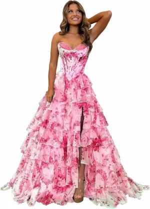 Floral Tiered Prom Dress Formal Long Strapless Evening Dresses A-Line Women Wedding Party Gown
