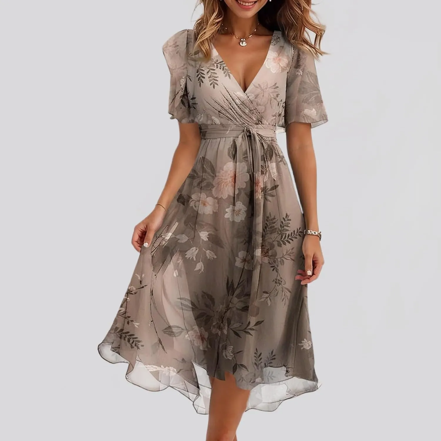 Floral Wedding Guest Dresses Short Sleeve V Neck Chiffon Dress Cute Holiday Hawaiian Travel Outfits