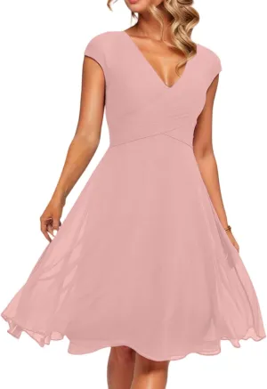 Floral Wedding Guest Dresses Short Sleeve V Neck Chiffon Dress Cute Holiday Hawaiian Travel Outfits
