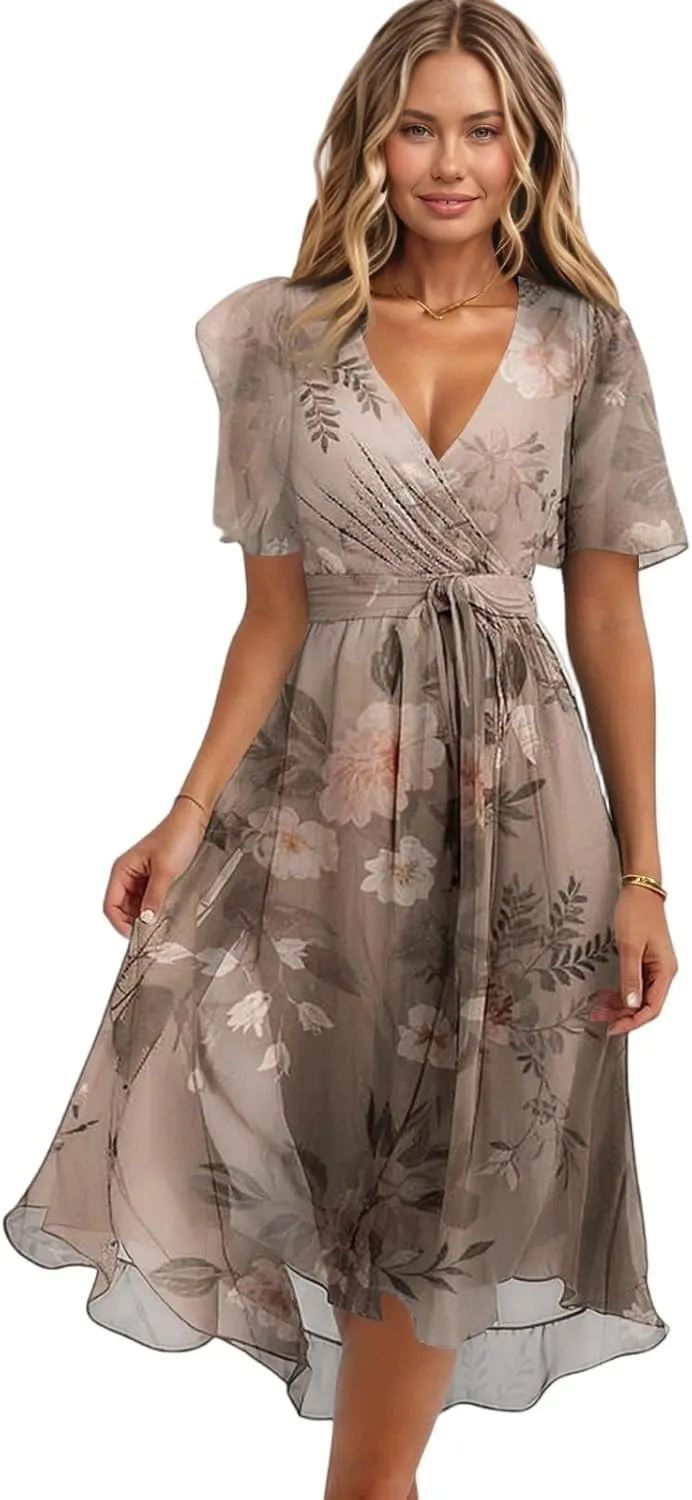 Floral Wedding Guest Dresses Short Sleeve V Neck Chiffon Dress Cute Holiday Hawaiian Travel Outfits