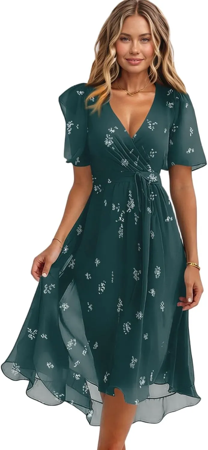 Floral Wedding Guest Dresses Short Sleeve V Neck Chiffon Dress Cute Holiday Hawaiian Travel Outfits