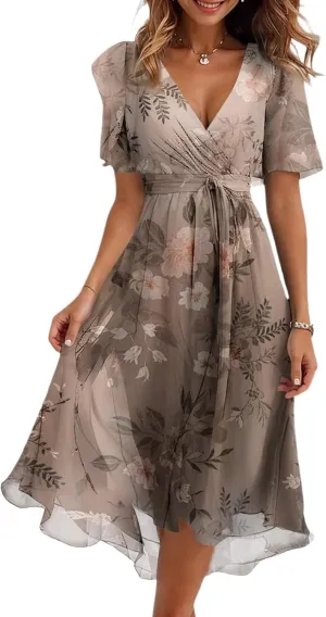 Floral Wedding Guest Dresses Short Sleeve V Neck Chiffon Dress Cute Holiday Hawaiian Travel Outfits