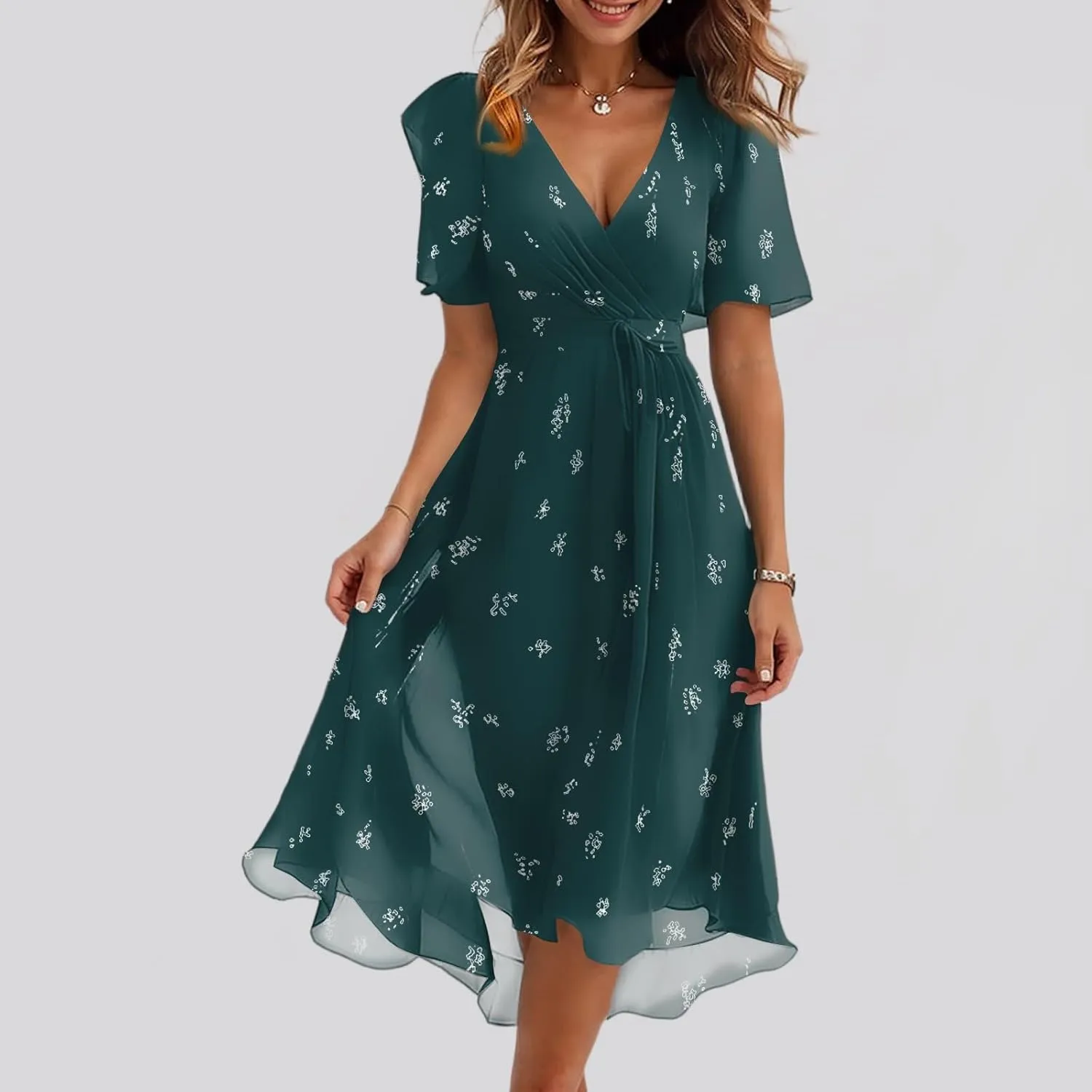 Floral Wedding Guest Dresses Short Sleeve V Neck Chiffon Dress Cute Holiday Hawaiian Travel Outfits