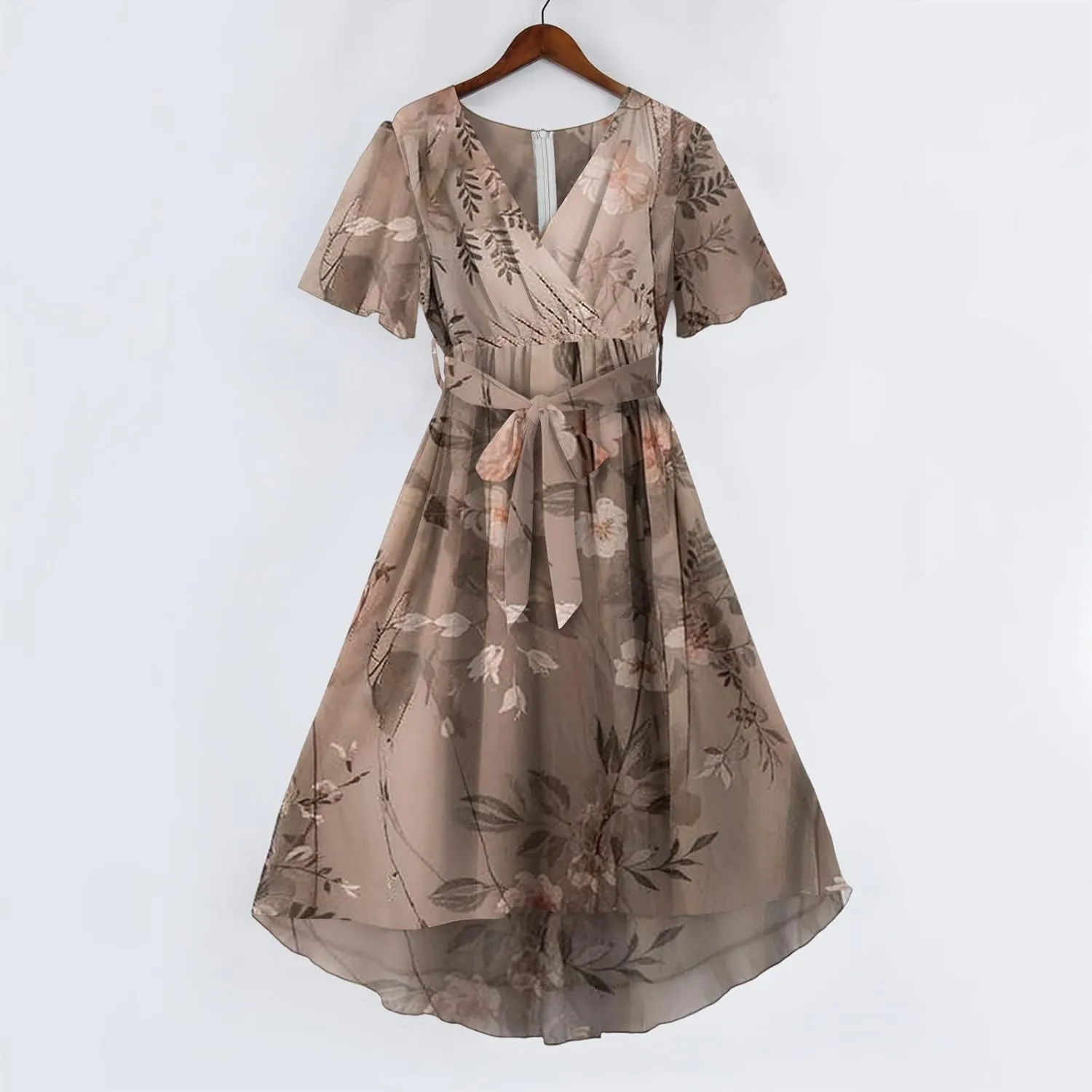 Floral Wedding Guest Dresses Short Sleeve V Neck Chiffon Dress Cute Holiday Hawaiian Travel Outfits