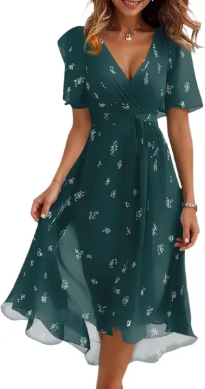 Floral Wedding Guest Dresses Short Sleeve V Neck Chiffon Dress Cute Holiday Hawaiian Travel Outfits