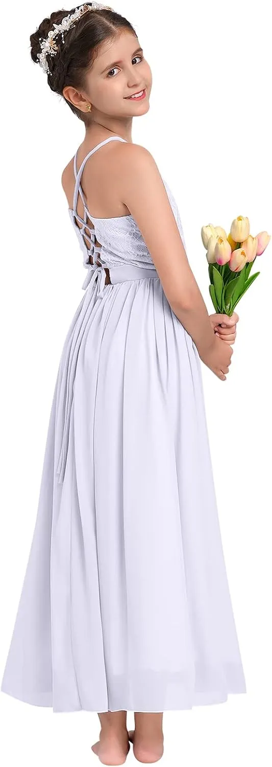 Flower Girl Dresses Junior Wedding Bridesmaid Prom Party Chiffon Floral Lace Flowy Maxi Princess Pageant Long Communion Gown