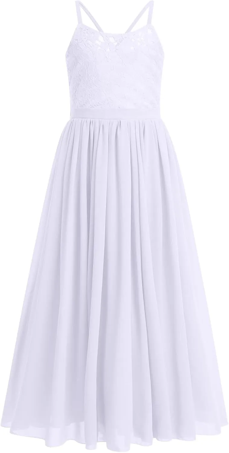 Flower Girl Dresses Junior Wedding Bridesmaid Prom Party Chiffon Floral Lace Flowy Maxi Princess Pageant Long Communion Gown