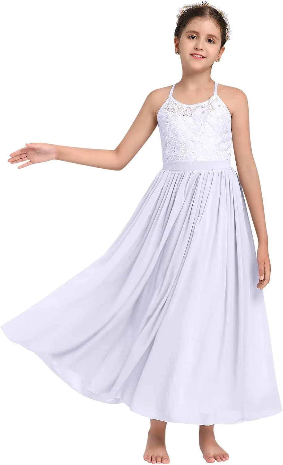 Flower Girl Dresses Junior Wedding Bridesmaid Prom Party Chiffon Floral Lace Flowy Maxi Princess Pageant Long Communion Gown