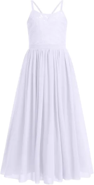 Flower Girl Dresses Junior Wedding Bridesmaid Prom Party Chiffon Floral Lace Flowy Maxi Princess Pageant Long Communion Gown