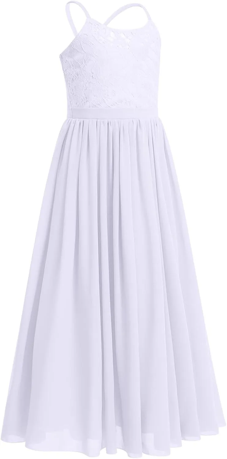 Flower Girl Dresses Junior Wedding Bridesmaid Prom Party Chiffon Floral Lace Flowy Maxi Princess Pageant Long Communion Gown