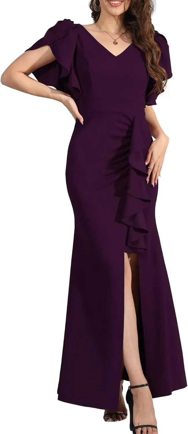 Formal Gowns and Evening Dresses Wedding Guest Dresses for Women Prom Dress Long V-Neck Ruffle Short Sleeve