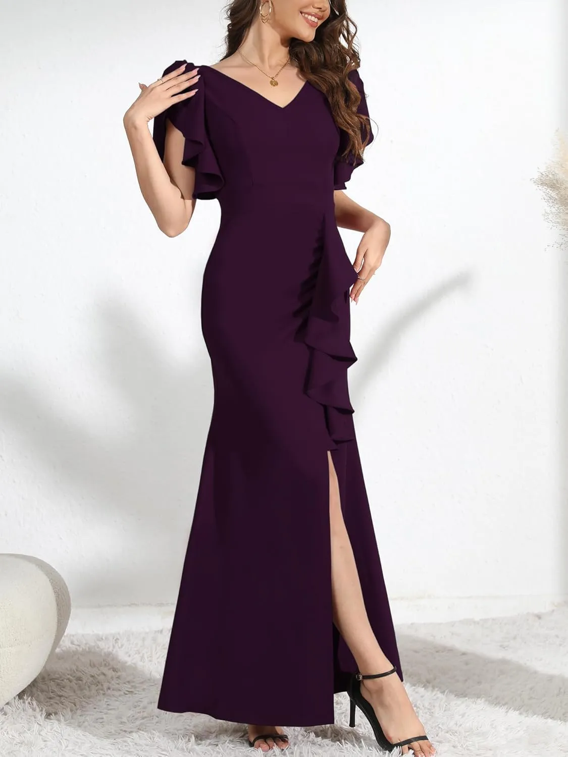 Formal Gowns and Evening Dresses Wedding Guest Dresses for Women Prom Dress Long V-Neck Ruffle Short Sleeve
