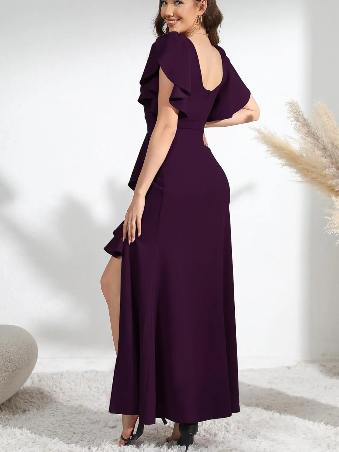Formal Gowns and Evening Dresses Wedding Guest Dresses for Women Prom Dress Long V-Neck Ruffle Short Sleeve