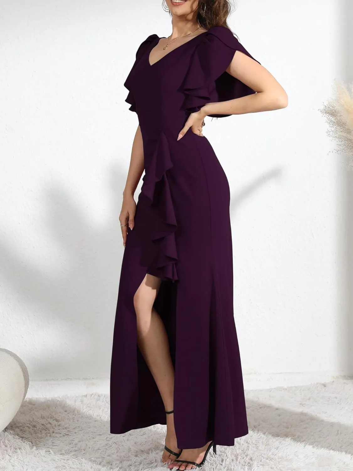 Formal Gowns and Evening Dresses Wedding Guest Dresses for Women Prom Dress Long V-Neck Ruffle Short Sleeve