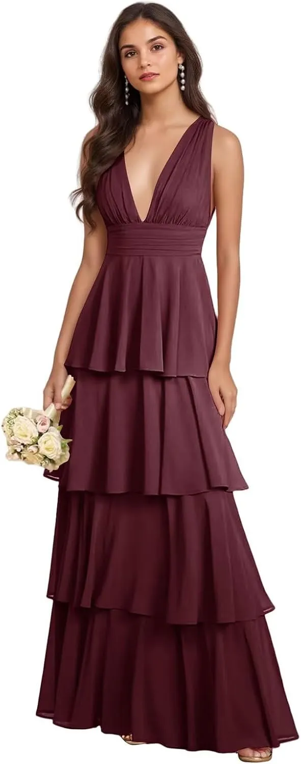 GATMAHE Tiered Chiffon Bridesmaid Dresses for Women Deep V Neck Ruffle A Line Long Formal Evening Dress