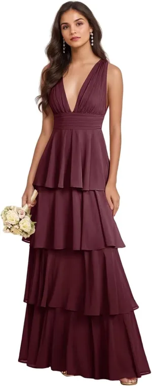 GATMAHE Tiered Chiffon Bridesmaid Dresses for Women Deep V Neck Ruffle A Line Long Formal Evening Dress