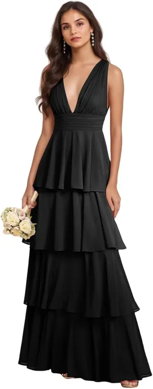 GATMAHE Tiered Chiffon Bridesmaid Dresses for Women Deep V Neck Ruffle A Line Long Formal Evening Dress