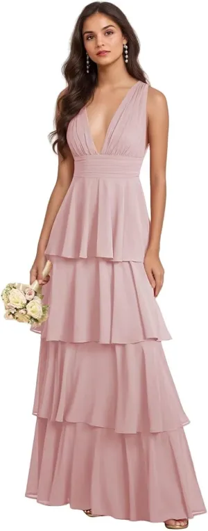 GATMAHE Tiered Chiffon Bridesmaid Dresses for Women Deep V Neck Ruffle A Line Long Formal Evening Dress