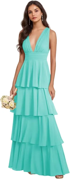 GATMAHE Tiered Chiffon Bridesmaid Dresses for Women Deep V Neck Ruffle A Line Long Formal Evening Dress