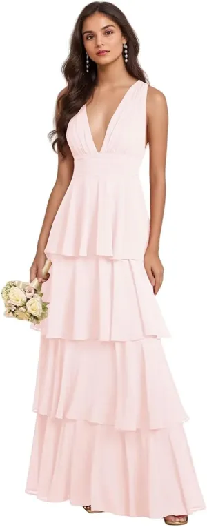 GATMAHE Tiered Chiffon Bridesmaid Dresses for Women Deep V Neck Ruffle A Line Long Formal Evening Dress