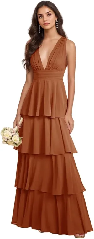 GATMAHE Tiered Chiffon Bridesmaid Dresses for Women Deep V Neck Ruffle A Line Long Formal Evening Dress