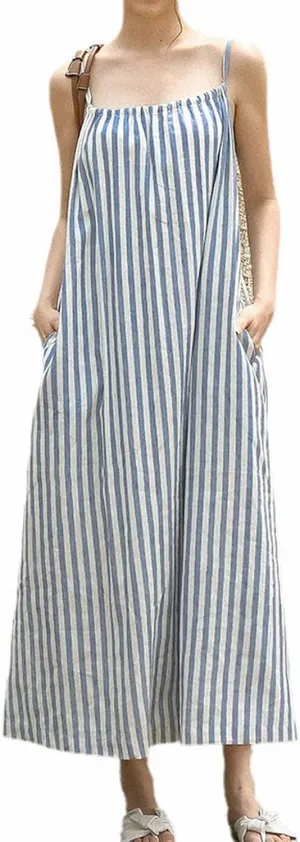 GIBZ Womens Summer Dresses Linen Halter Neck Boho Long Dress Casual Beach Sundress with Adjustable Strap