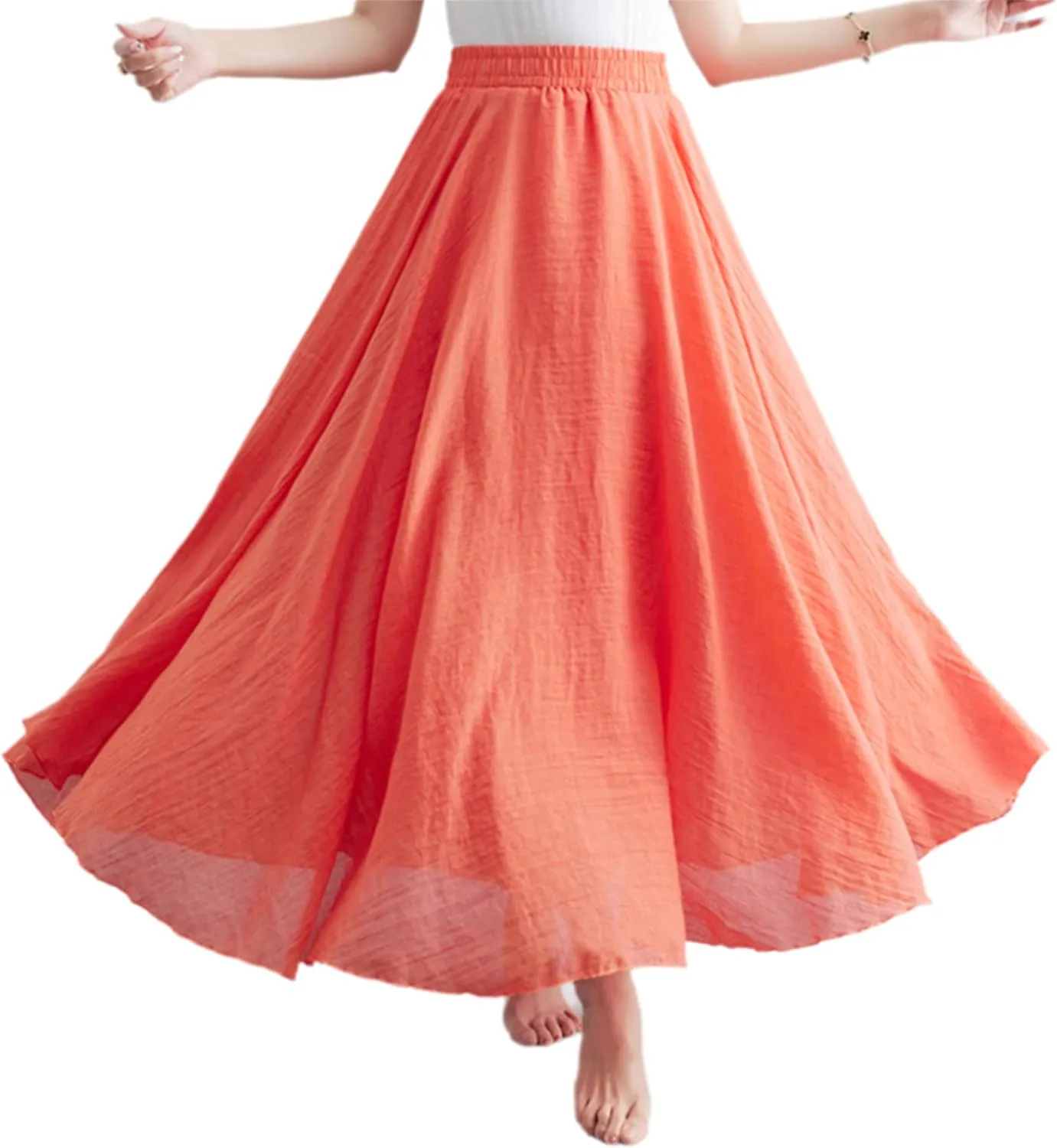 Giltpeak Linen Maxi Skirt, Women's Summer Bohemian Long Skirt, Cotton Elastic Waist Band Maxi Skirt