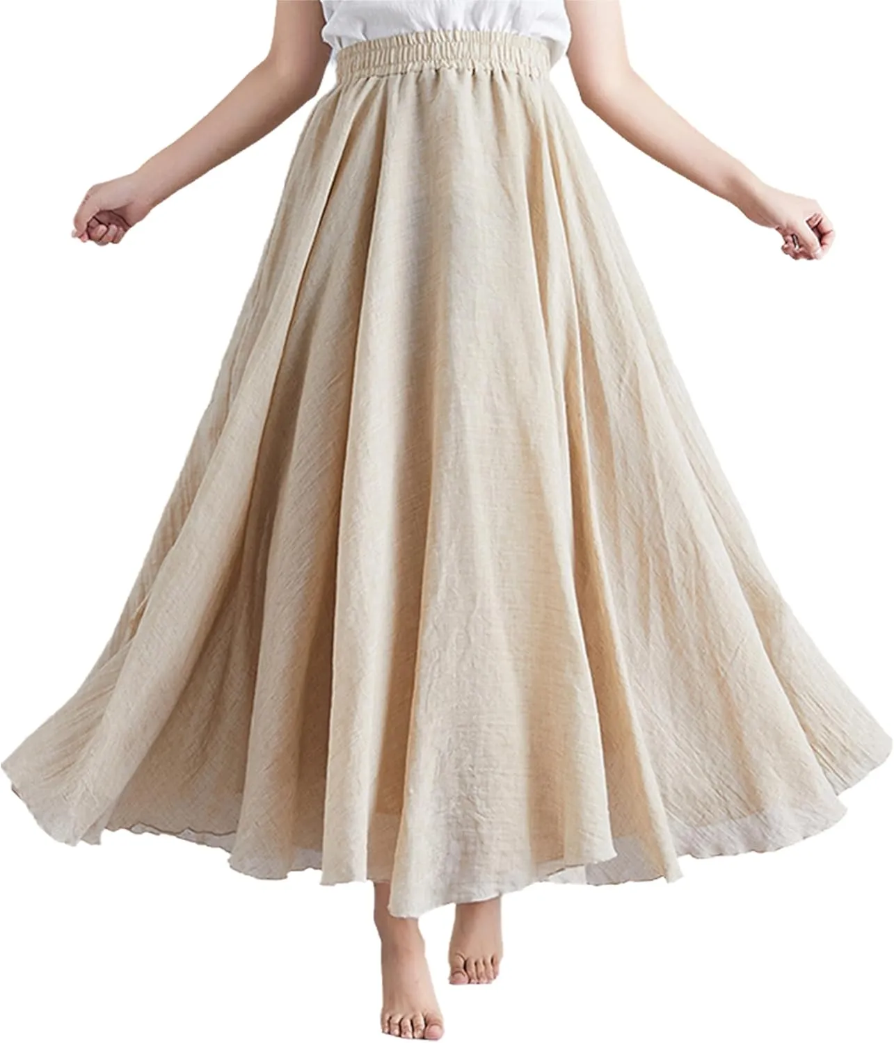 Giltpeak Linen Maxi Skirt, Women's Summer Bohemian Long Skirt, Cotton Elastic Waist Band Maxi Skirt