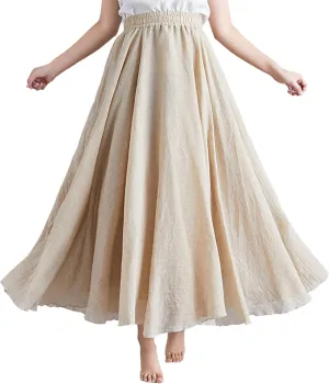 Giltpeak Linen Maxi Skirt, Women's Summer Bohemian Long Skirt, Cotton Elastic Waist Band Maxi Skirt