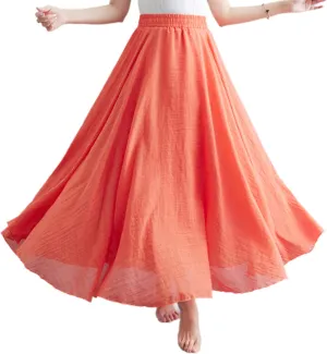 Giltpeak Linen Maxi Skirt, Women's Summer Bohemian Long Skirt, Cotton Elastic Waist Band Maxi Skirt