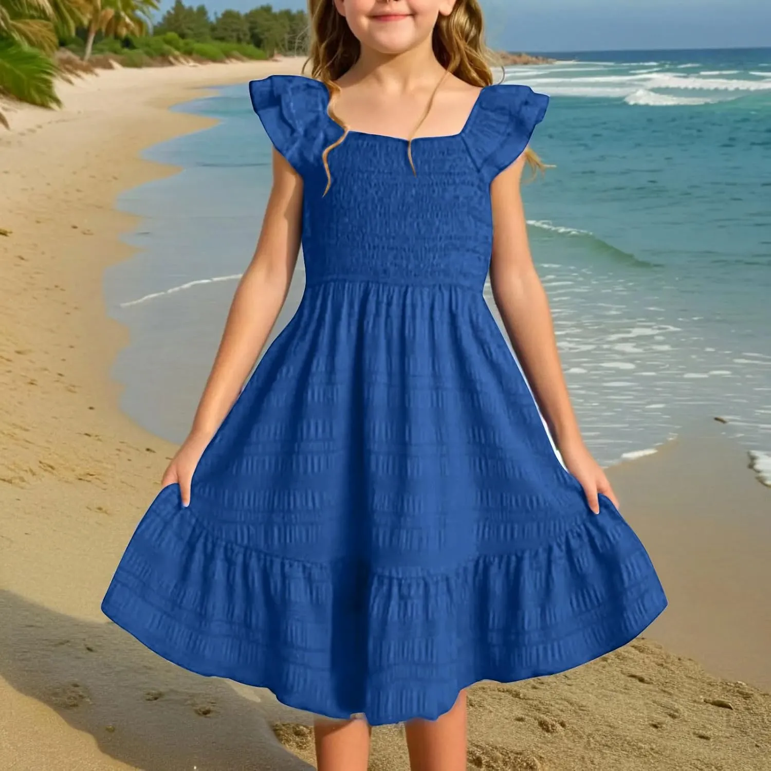 Girl's 2025 Summer Dresses Smocked Flutter Sleeve a Line Sundresses Swing Mini Casual Party Dresses Size 3-14 Years