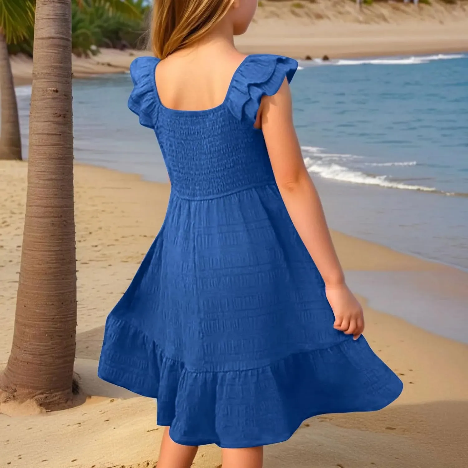 Girl's 2025 Summer Dresses Smocked Flutter Sleeve a Line Sundresses Swing Mini Casual Party Dresses Size 3-14 Years