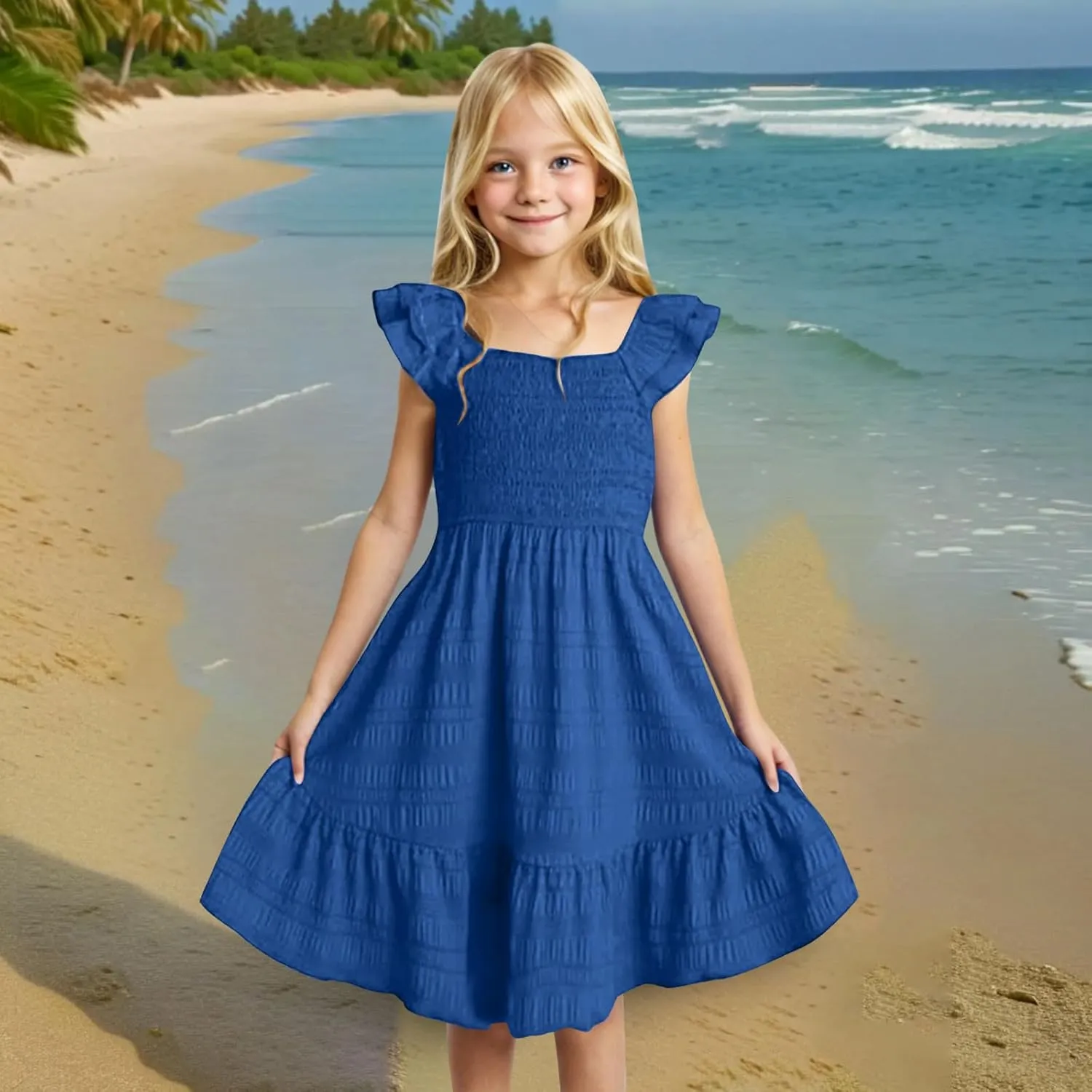 Girl's 2025 Summer Dresses Smocked Flutter Sleeve a Line Sundresses Swing Mini Casual Party Dresses Size 3-14 Years