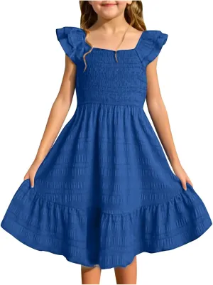 Girl's 2025 Summer Dresses Smocked Flutter Sleeve a Line Sundresses Swing Mini Casual Party Dresses Size 3-14 Years