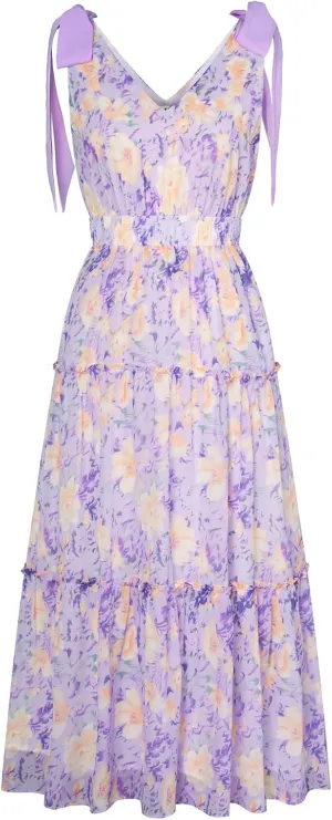 GRACE KARIN Floral Dress for Women Summer Casual Flowy Long V Neck Sundress Sleeveless Tiered Beach Wedding Guest Dress Bow