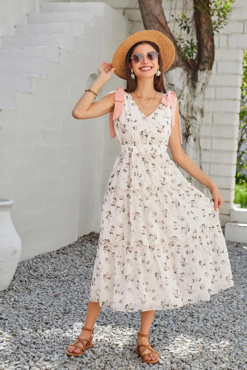 GRACE KARIN Floral Dress for Women Summer Casual Flowy Long V Neck Sundress Sleeveless Tiered Beach Wedding Guest Dress Bow