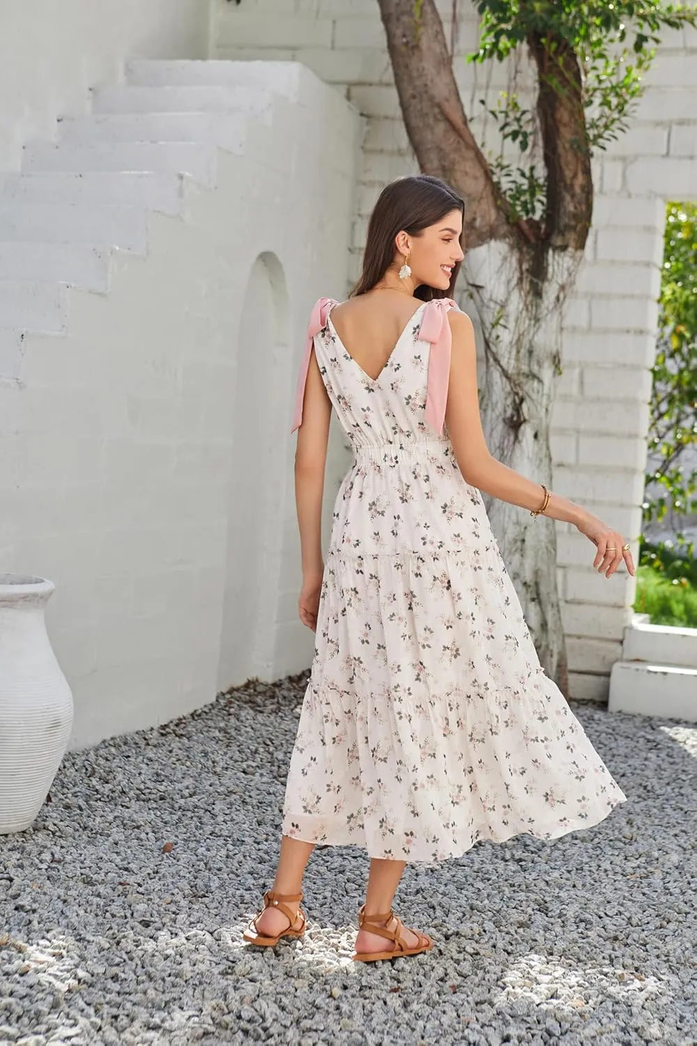 GRACE KARIN Floral Dress for Women Summer Casual Flowy Long V Neck Sundress Sleeveless Tiered Beach Wedding Guest Dress Bow