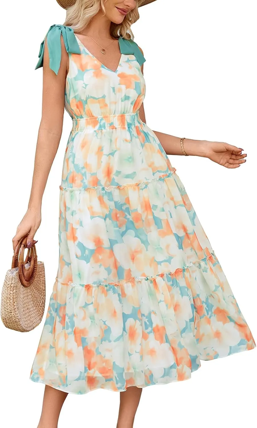 GRACE KARIN Floral Dress for Women Summer Casual Flowy Long V Neck Sundress Sleeveless Tiered Beach Wedding Guest Dress Bow