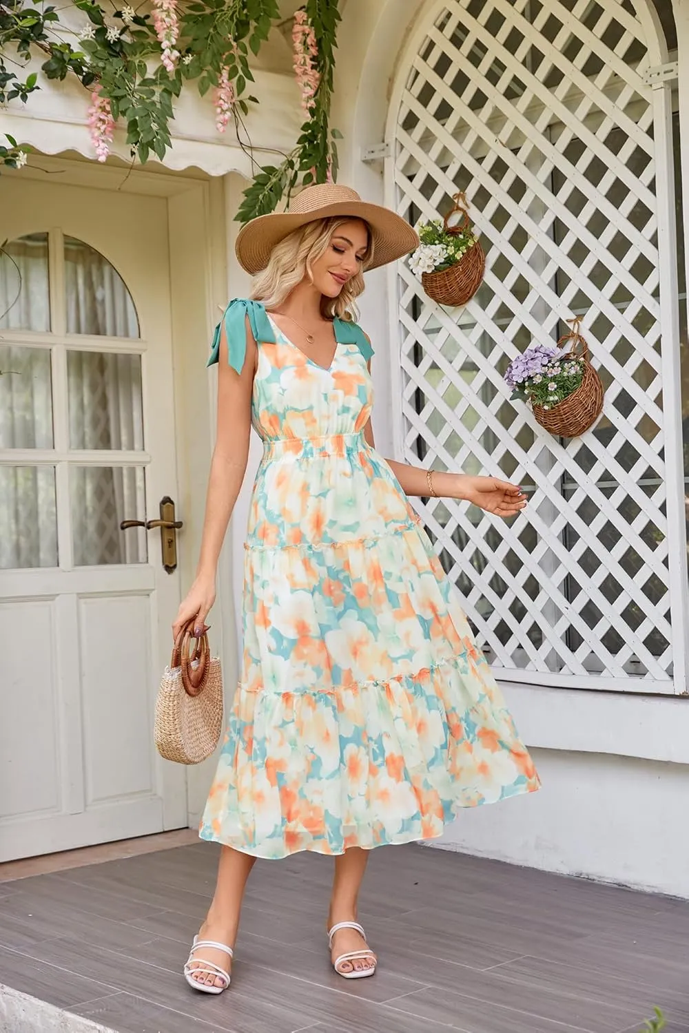 GRACE KARIN Floral Dress for Women Summer Casual Flowy Long V Neck Sundress Sleeveless Tiered Beach Wedding Guest Dress Bow