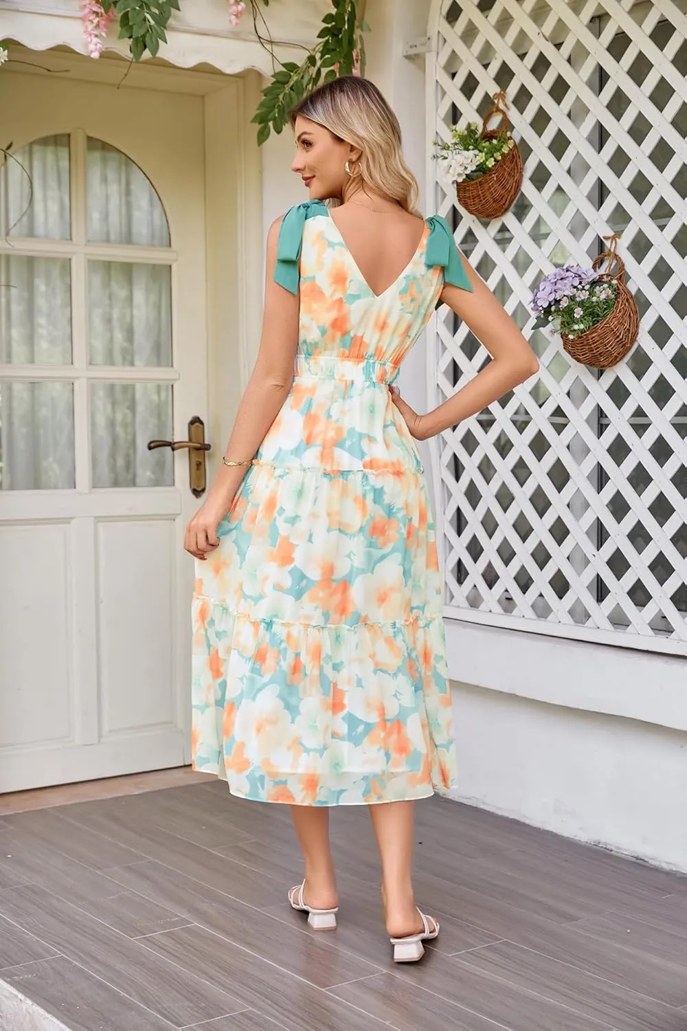 GRACE KARIN Floral Dress for Women Summer Casual Flowy Long V Neck Sundress Sleeveless Tiered Beach Wedding Guest Dress Bow
