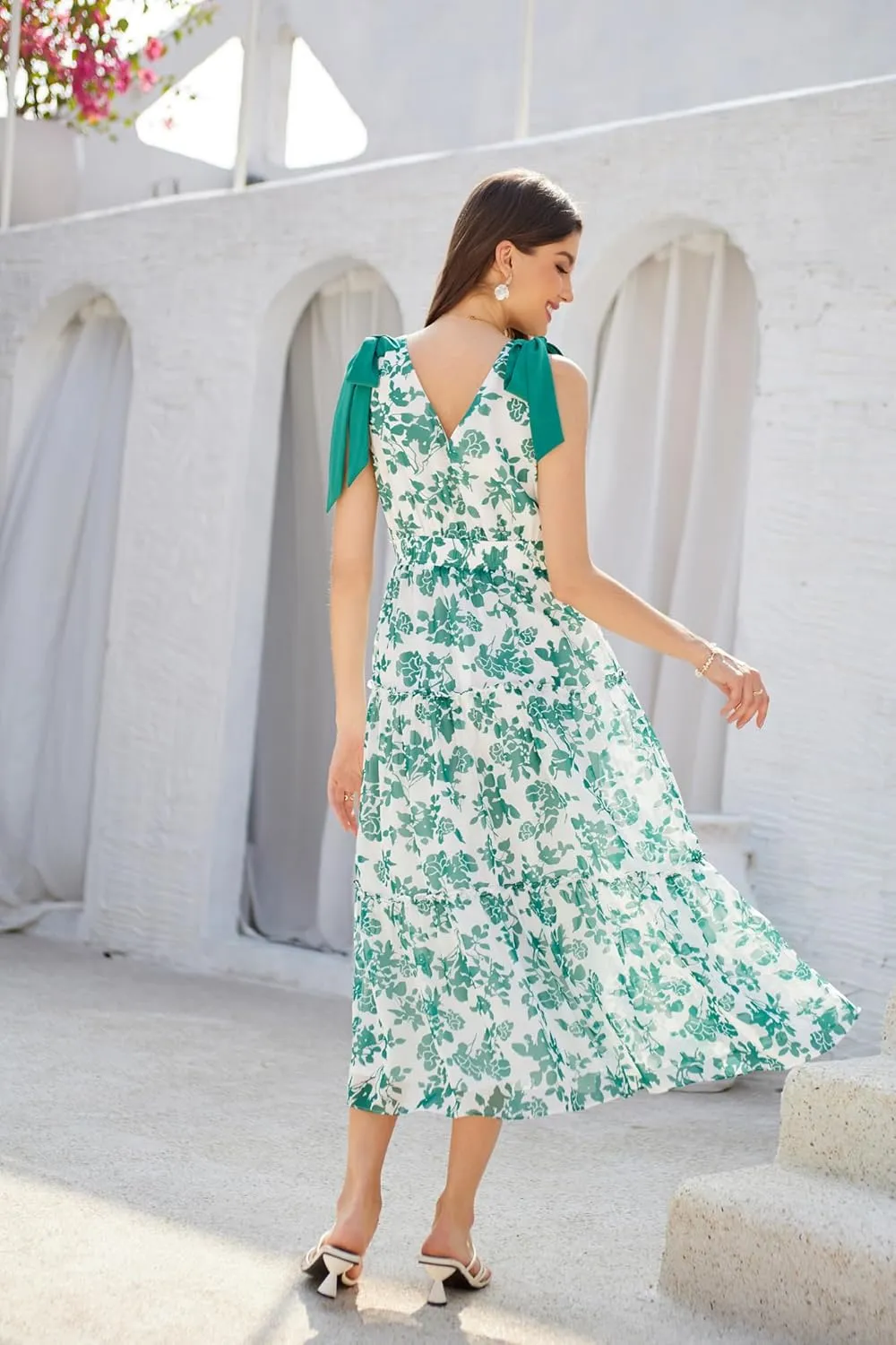 GRACE KARIN Floral Dress for Women Summer Casual Flowy Long V Neck Sundress Sleeveless Tiered Beach Wedding Guest Dress Bow