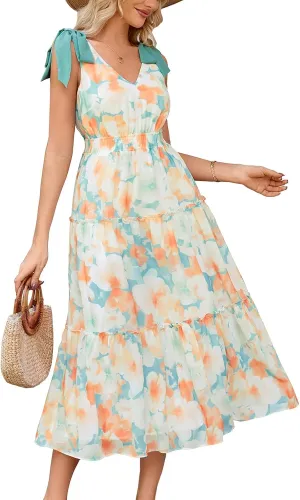 GRACE KARIN Floral Dress for Women Summer Casual Flowy Long V Neck Sundress Sleeveless Tiered Beach Wedding Guest Dress Bow