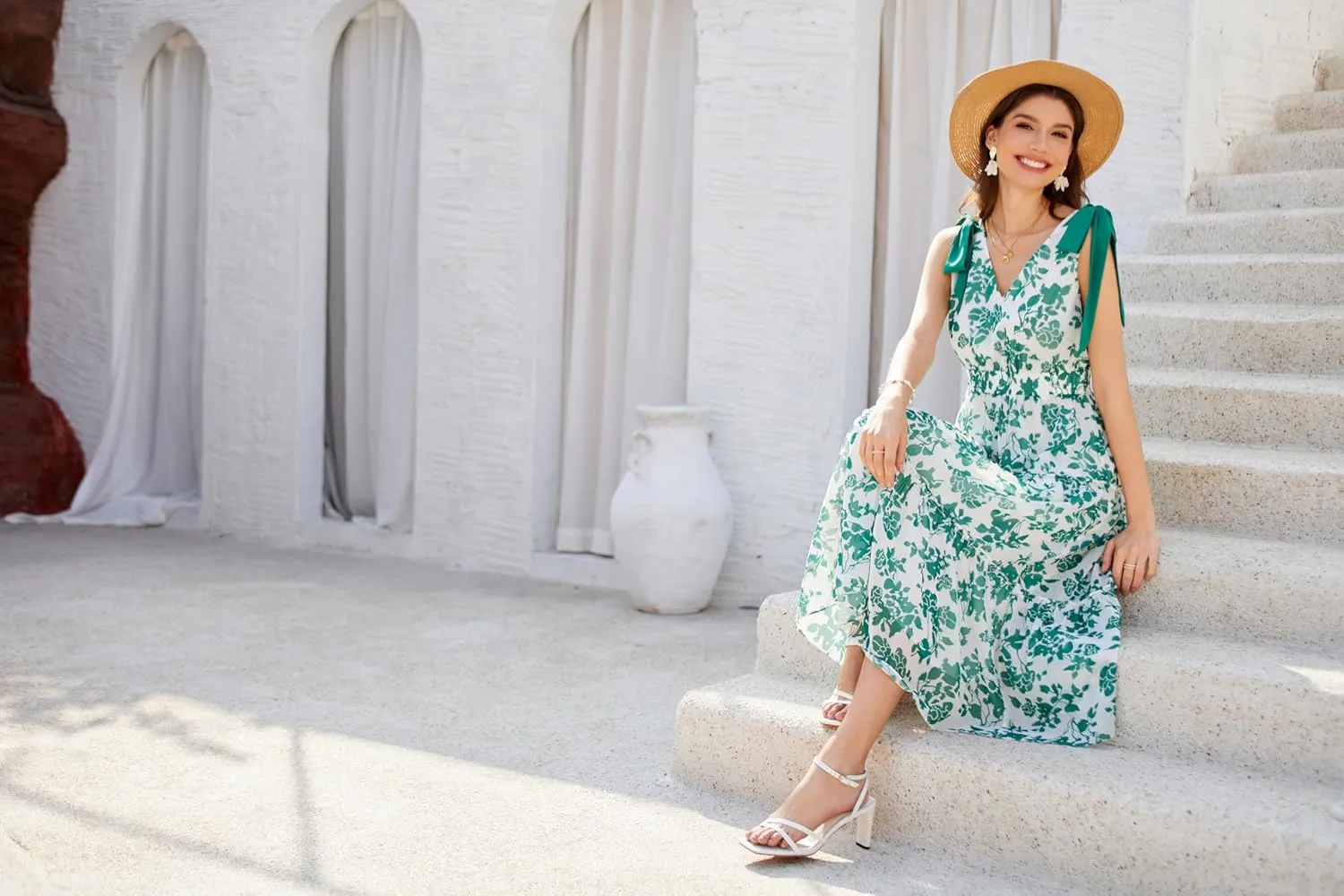 GRACE KARIN Floral Dress for Women Summer Casual Flowy Long V Neck Sundress Sleeveless Tiered Beach Wedding Guest Dress Bow